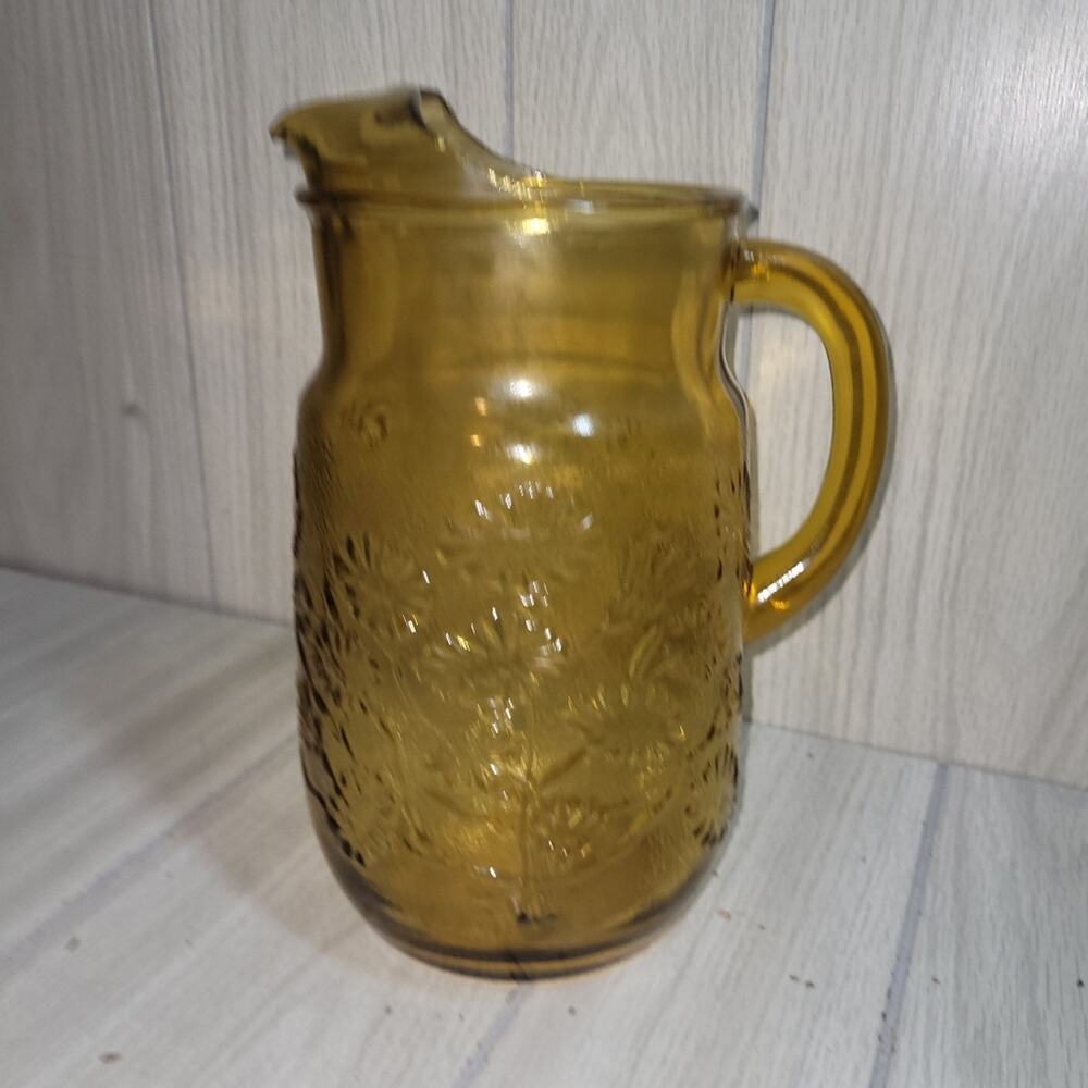 Vtg Amber Glass Pitcher With Intricate Flower Detail Retro Yellow